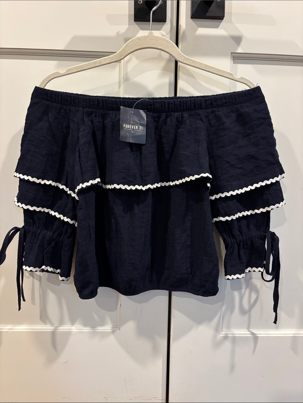 Forever 21 Navy Off-Shoulder Ruffle Top with White Trim